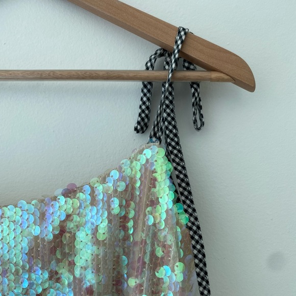 Iridescent sequined top with gingham straps - Picture 2 of 5